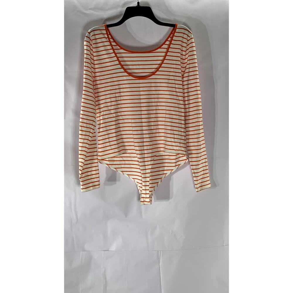 ON 34TH Women's Orange-White Striped Scoop-Neck Long Sleeve Bodysuit SZ L - Picture 2 of 11